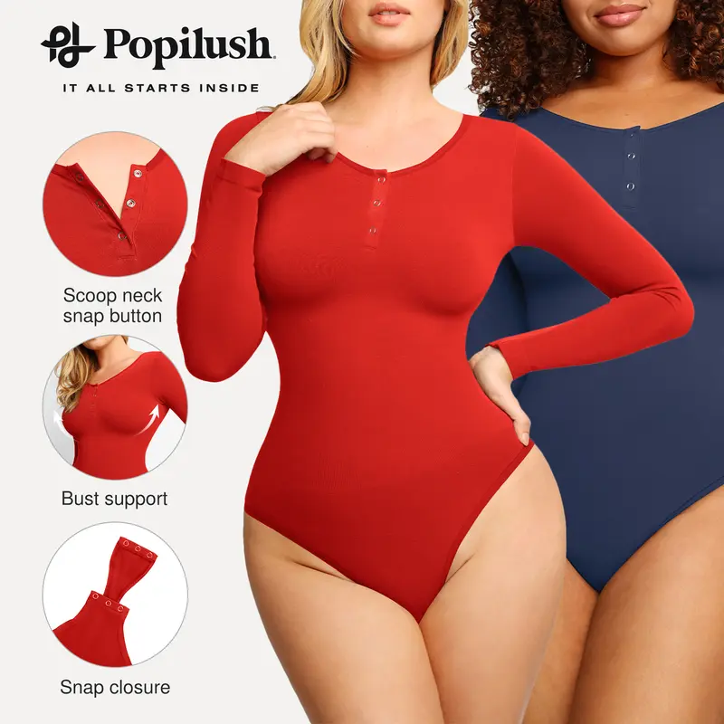 Popilush Seamless Shapewear Bodysuit Long Sleeve Henley Button Front Ribbed Light Compression