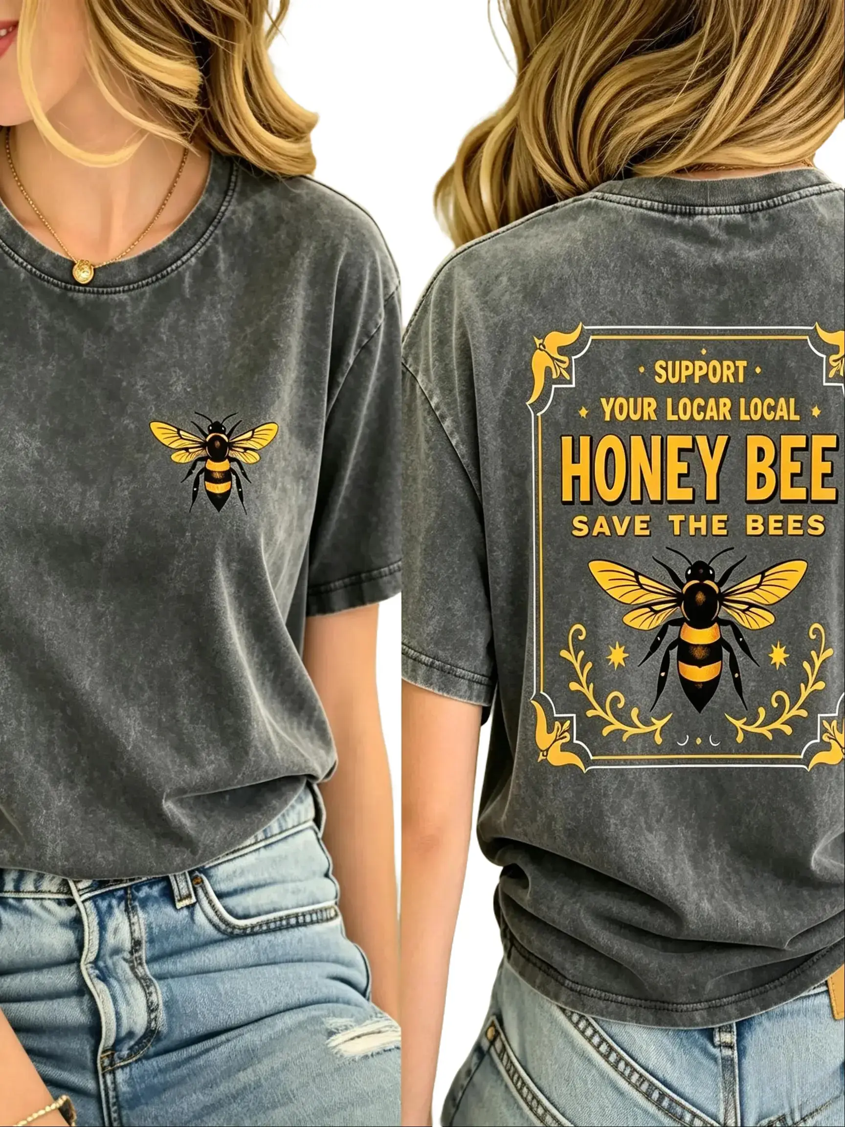 Black Acid Wash Two Sides Honey Bee Ornate Frame Environmental Tee 100% Save Bees Oversized Unisex T Shirt，Women's fashion,summer Women's clothes,vintage shirts
