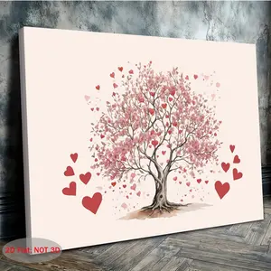 2D flat style, 1-piece heart-shaped tree wall decoration - pink and red Valentine's Day print, suitable for bedroom, living room, kitchen decoration - framed canvas painting with border, romantic love artwork, holiday gift, 2D flat style