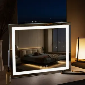 INMTFEI Hollywood Vanity Makeup Mirror with Dimmable LED Light Strip, 50×40cm Lighted Mirror, 3 Color Lighting Modes, Touch Control, 5X Magnifying Mirror, Type-C Powered, White Tabletop or Wall Mounted