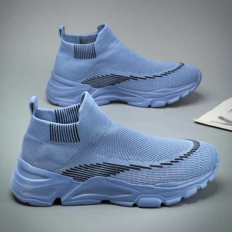 Men's Knit Fabric Lightweight Casual Trainers - Breathable Slip-On Closed-Toe Athletic Shoes, Multi-Purpose for Casual Wear & Training, Neutral Style Sporty Blue Knit for Running, Walking