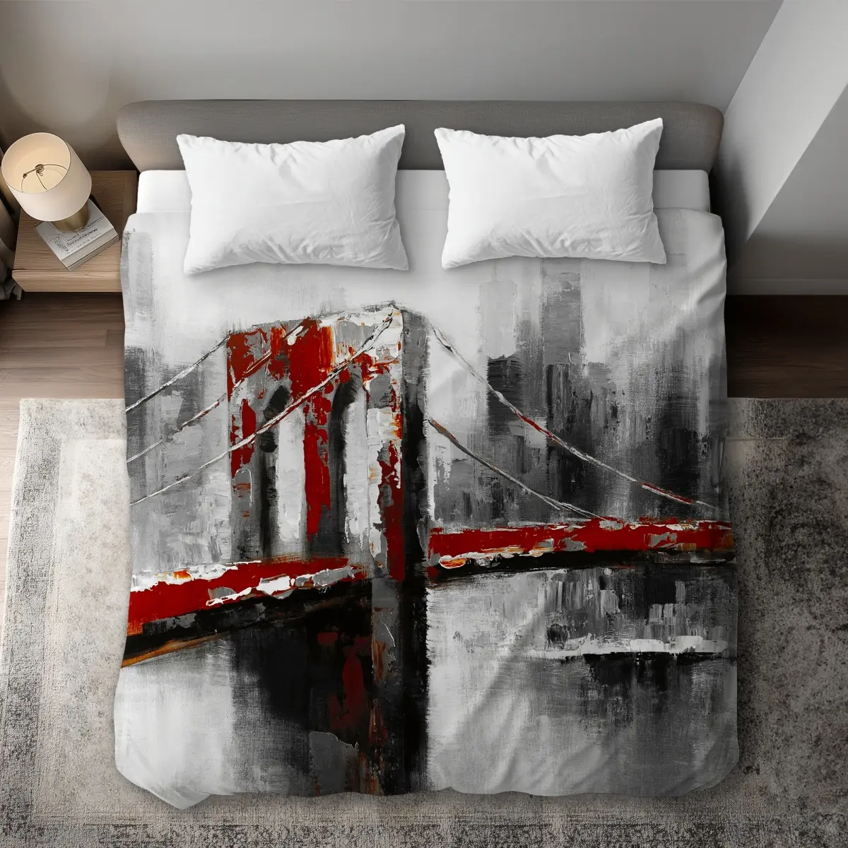 360 Stand King Size Microfiber Decorative Duvet Cover - Modern Art Red Brooklyn City Skyline Abstract Print, Machine Washable Home Bedding Decor, Graphic Duvet Covers, Modern Bedroom
