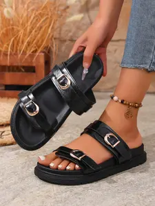 Women's Thick Sole Printed Sandals, Dual Buckle Design, Casual Comfort Shoes, Durable and Stylish, Perfect for Daily Wear, Footwear