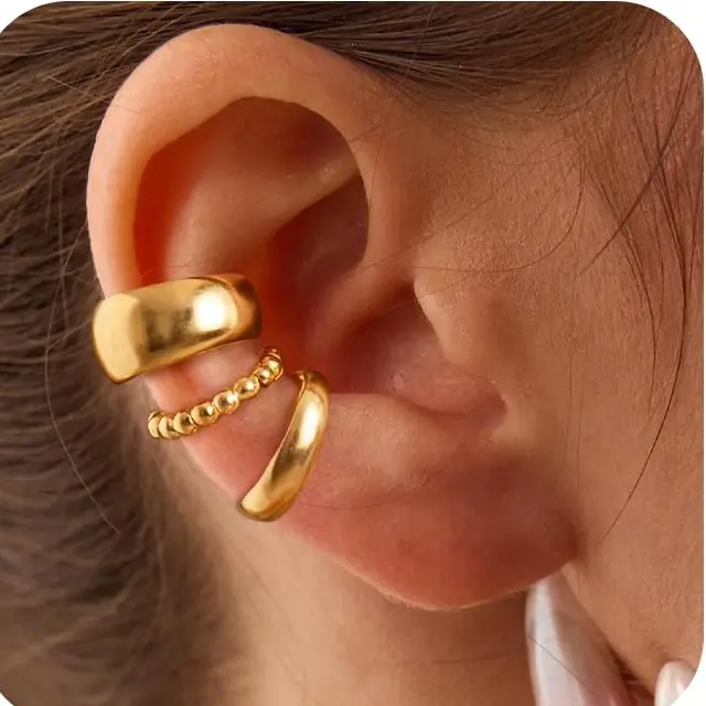 Loyalove 3PCS Ear Cuffs Non Piercing Earrings for Women - Chunky & Thin Gold Clip On Earrings Cartilage Cuff Set, Stackable Helix Conch Fake Piercing Jewelry
