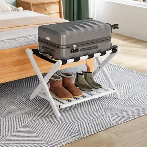 Fully Assembled White Luggage Rack, Upgraded  Foldable Suitcase Stand with 5 Nylon Straps, Luggage Holder with Shelf for Guest Room Bedroom Hotel (White Luggage Rack 1 count)