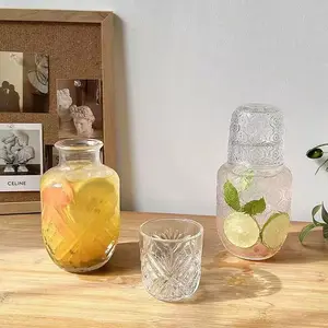 Elegant Glass Bedside Water Bottle and Cup Set,Leaf Pattern Water Jug with Lid,Durable Transparent Glass for Bedroom ,Office or Bathroom,Stylish Drinkware ,Ideal Housewarming Gift