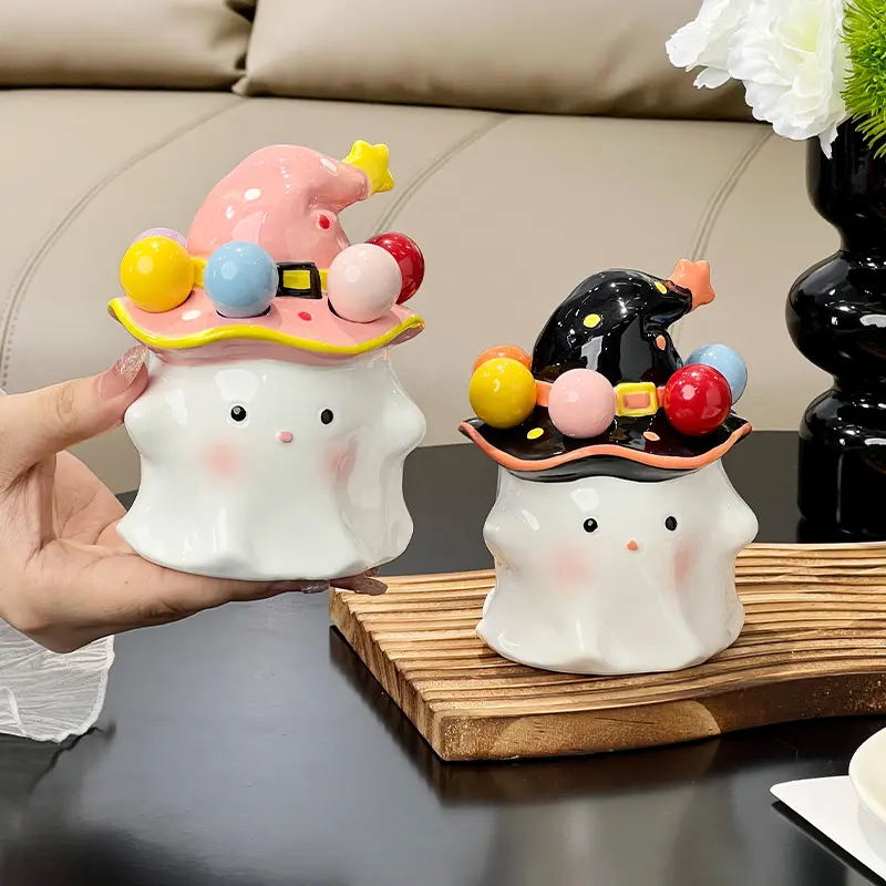 Halloween ghost fruit fork set, ceramic storage jar, stainless steel dessert fork table decoration