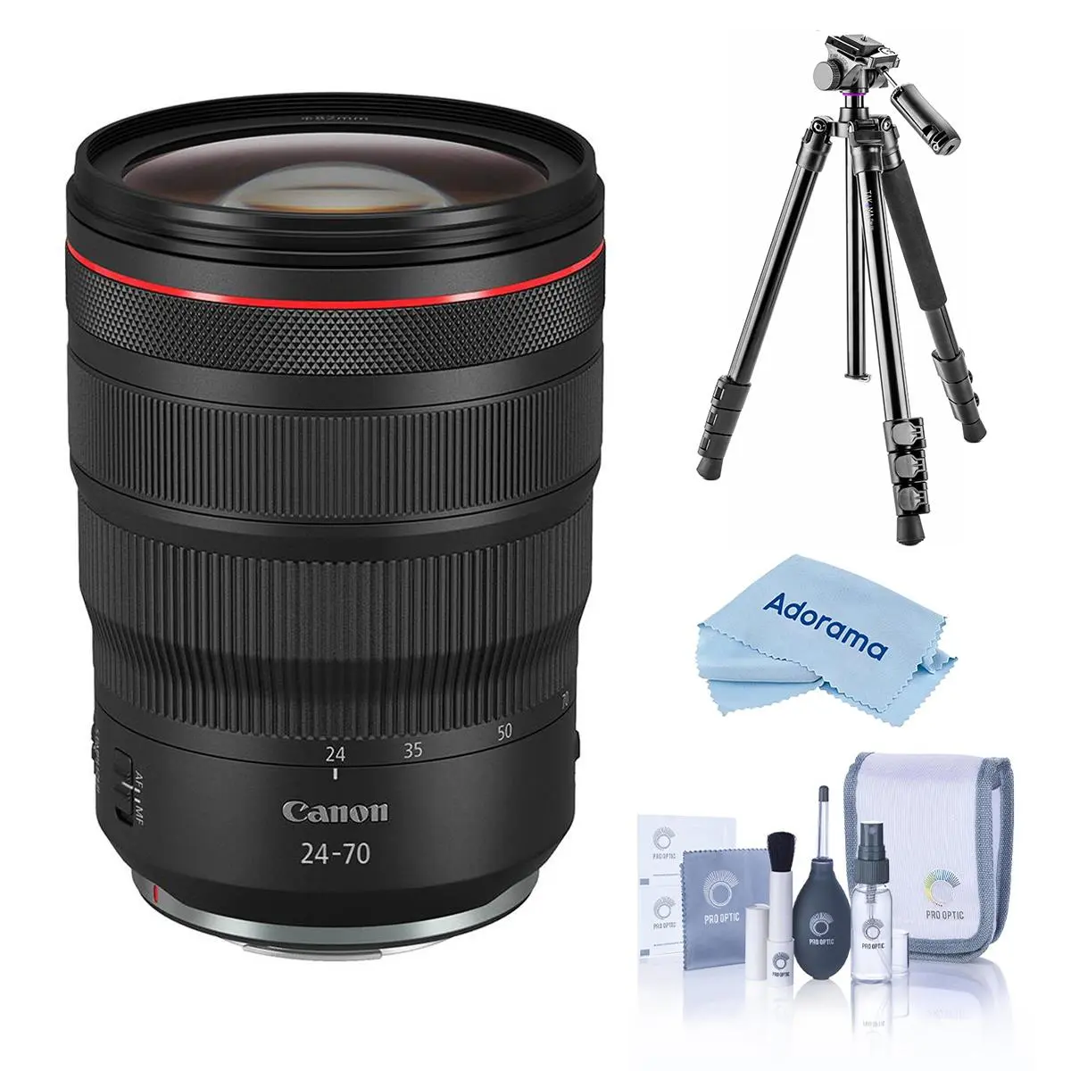 Canon RF 24-70mm f/2.8 L IS USM Compact Camera Lens Bundle with Takama Flip-Zip 4-Section Aluminum Multi-Functional Photo Tripod-Monopod, Cleaning Kit, Cleaning Cloth