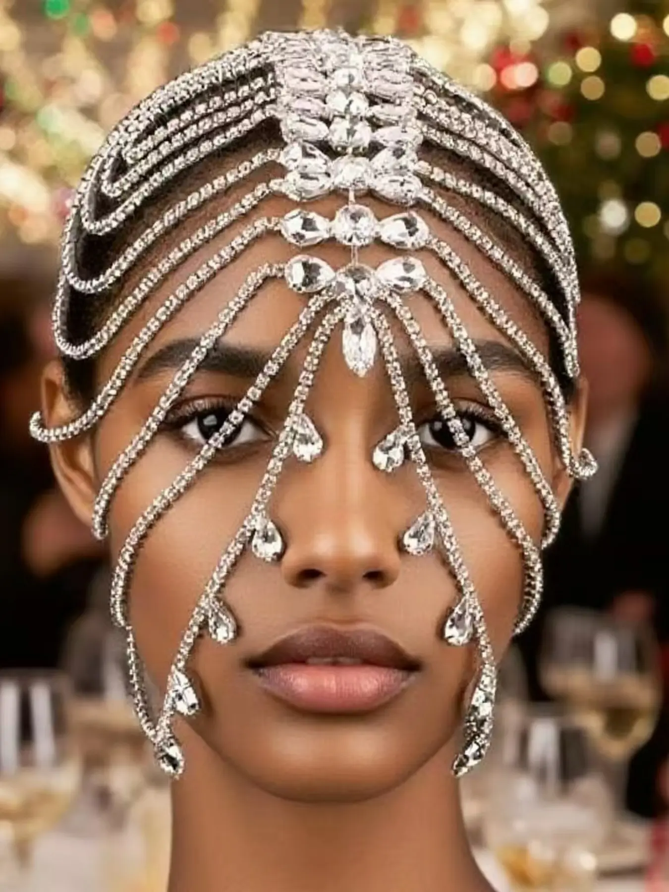 Women Rhinestone Crystal Full Headpiece, Bridal Crown Head Chain, Vintage Exaggerated Hair Accessory, Party Wedding Evening Wear, Charms
