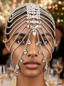 Women Rhinestone Crystal Full Headpiece, Bridal Crown Head Chain, Vintage Exaggerated Hair Accessory, Party Wedding Evening Wear, Charms