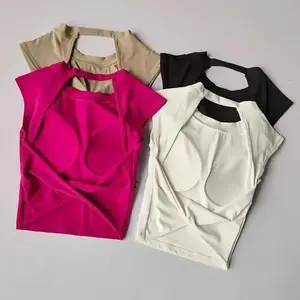 Women’s Short-Sleeve T-Shirt/Sports Top with Built-In Chest Pads, Sexy Backless Design, Slimming Fit for Gym & Yoga, Lightweight Activewear