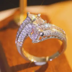 Dual Princess cut Center Stone  CZ Copper Ring Step set Wide band Wedding Bride Engagement Promise Anniversary Birthstone Ring Valentine's Day Mother's Day Gift Ring Valentines Party Holiday Girl Daily Casual Accessories