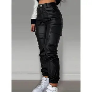 Women's PU Leather Motorcycle Pants - Stylish Zipper Pleated With Fashionable Side Pockets, Casual High-Waisted Patch Bag Leggings, Skinny Fit, Streetwear For Women Perfect for Fall & Winter Gift Fashionistas