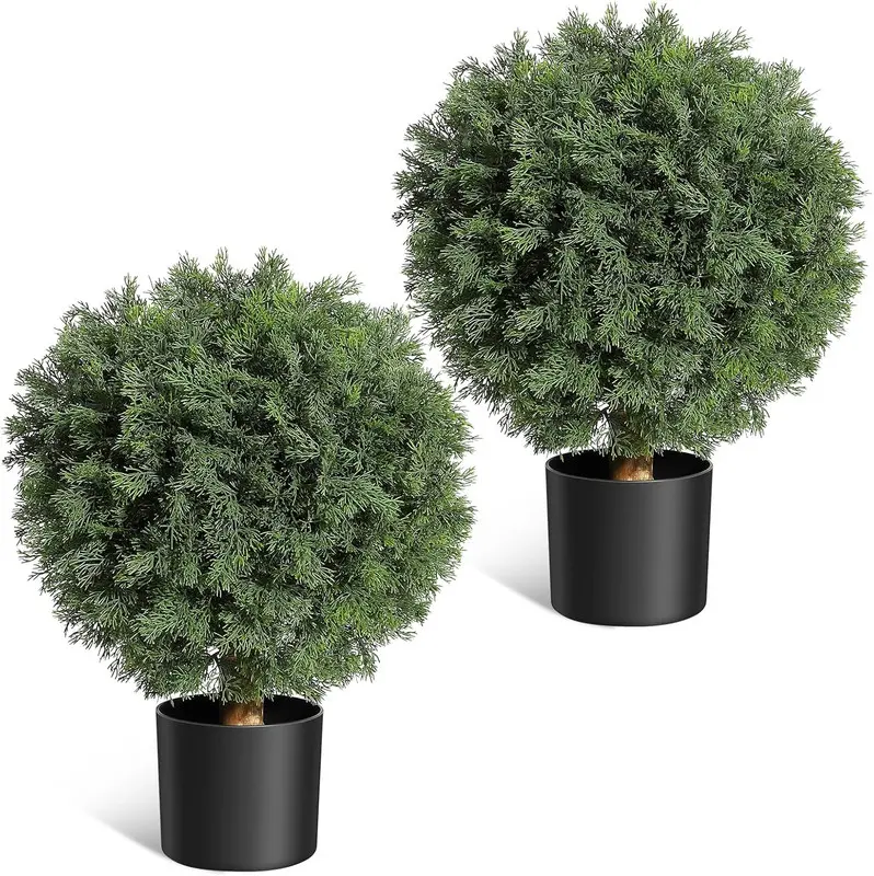 【Christmas Gift】24in Artificial Cedar Topiary Ball Tree Set (2-Pack) - Potted with Decorative Fruit, Lifelike Wood Leaf Faux Flowers Shrub, Artificial Faux Greenery Indoor Outdoor Decorative Plants for Business Front Door Porch, Lifelike Fake Plant