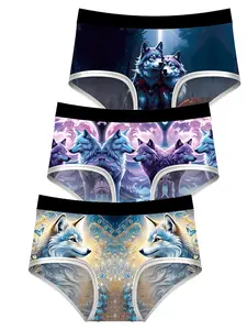 Women's Polar Wolf Cartoon Print Underwear Set, Comfortable Breathable Knit Elastic Fashion Everyday Fit Panties, Large Size Ladies Innerwear
