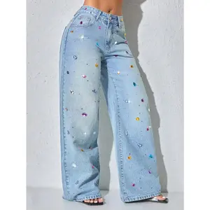 Women's Blue Low Waist Wide Leg Casual Jeans with Pearl Decor, Slant Pockets, and Zip - Sizing Up Recommended cargo pants women SoftMotion Straight Fitness capri