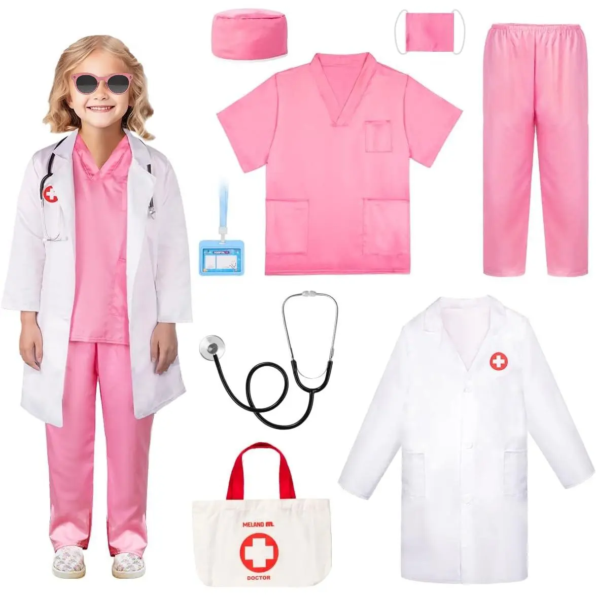 Kids' Doctor Costume Set for Boys and Girls, 8-Piece Polyester Dress-Up Kit with V-Neck Scrubs & Lab Coat for Halloween Cosplay Costume Ideas, Halloween Ideas, High Quality Polyester, Scrubs Pants, Role Costume