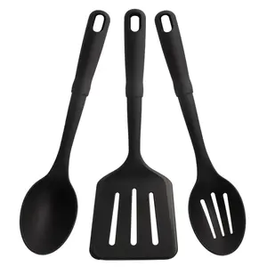 3-Piece Nylon Kitchen Utensil Set – Slotted Spatula, Slotted Spoon, and Solid Spoon (Black)