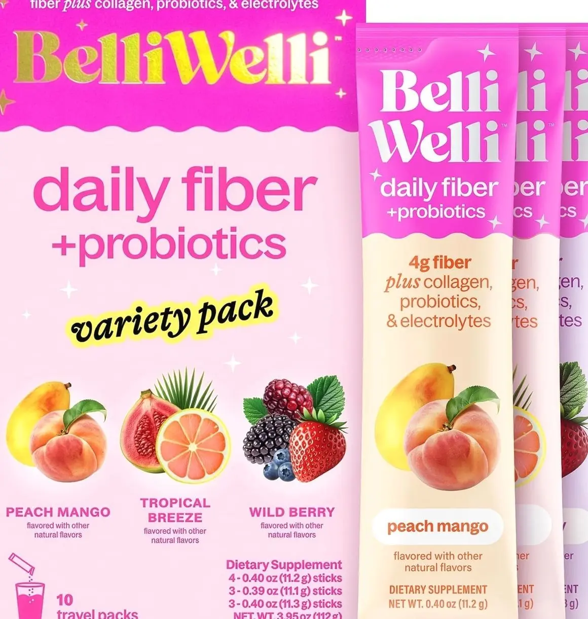 Belli Welli Fiber Supplement, Probiotics Fiber Powder Travel Pack for Women with Collagen & Electrolytes for Daily Gut Health & Debloating, Variety Pack, 10 Packets