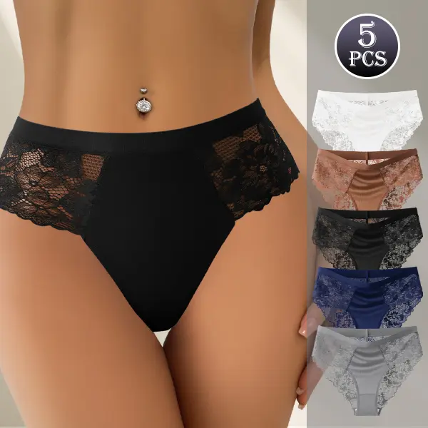 4/5-Pack Women’s Sexy Lace Mid-Rise Hipster Panties, Silky Smooth High-Stretch Full-Coverage Briefs, Satin-Look Floral Lace Underwear, Soft Comfortable Everyday Intimates