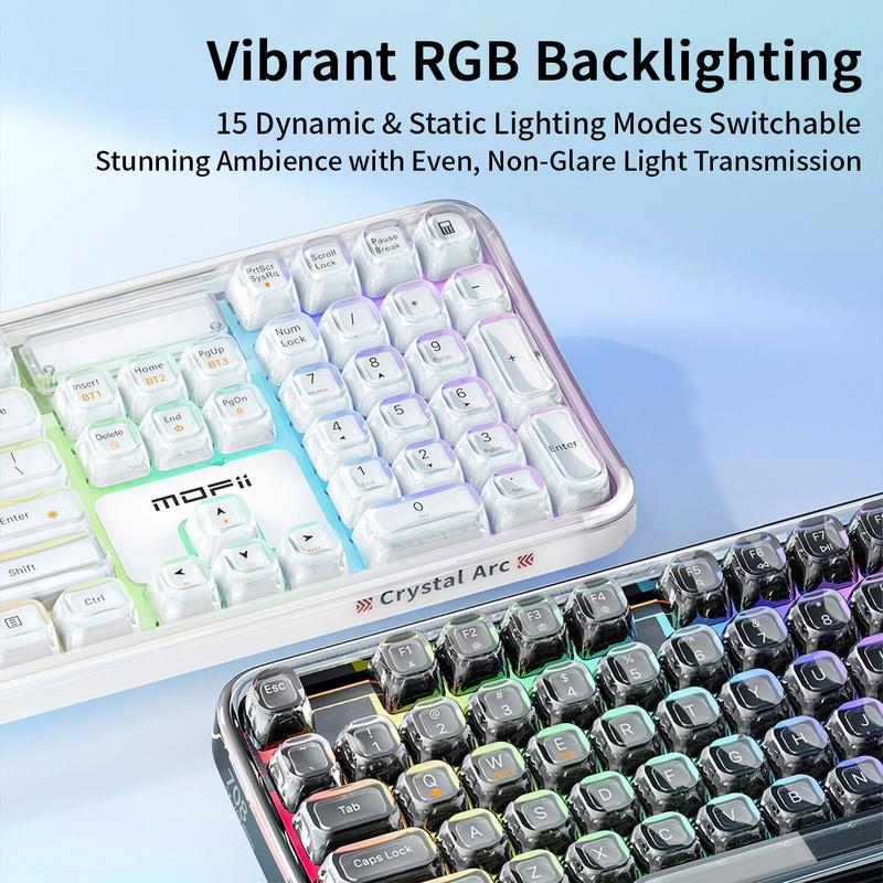 MOFii 708 RGB Backlit Full-Size Keyboard, Stylish White Transparent Keycaps, Tri-Mode Rechargeable, US Qwerty, Compatible with Phones & Tablets, Must-Have for Office & Gaming