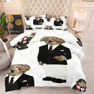 White background suit with teddy bear print pattern Decorative Bedding Set, including 1 blanket and 1 or 2 pillowcases without pillowcases, soft adult bedroom decoration gift