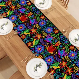 Linen Mexican Fiesta Table Runner 72 Inches Long Mexican Fiesta Themed Party Cinco De Mayo Home Kitchen Dining Room Table Decoration (Purple)