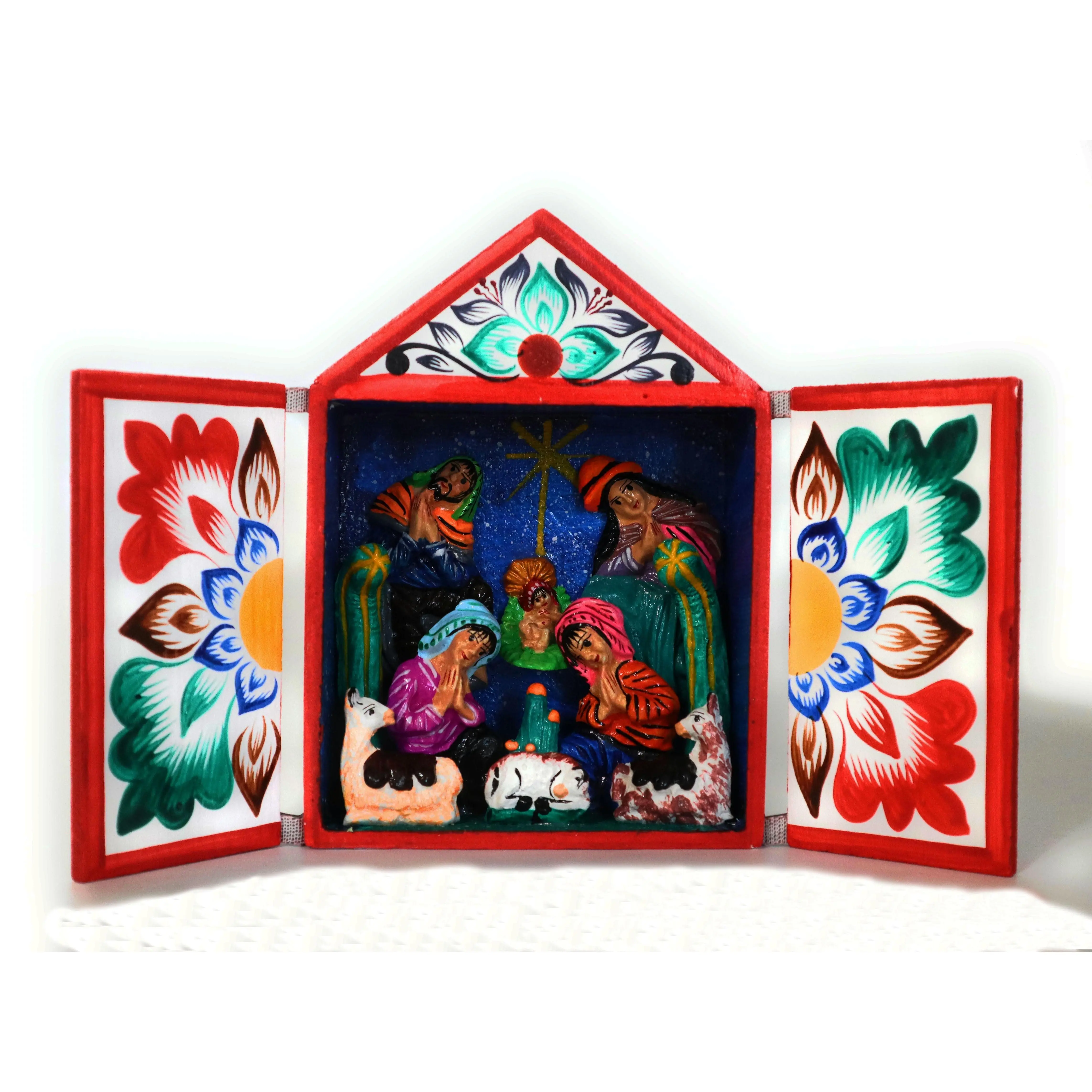 Nativity Scene Diorama Retablo Wood Box Christmas Peruvian Folk Art 5.40" Tall