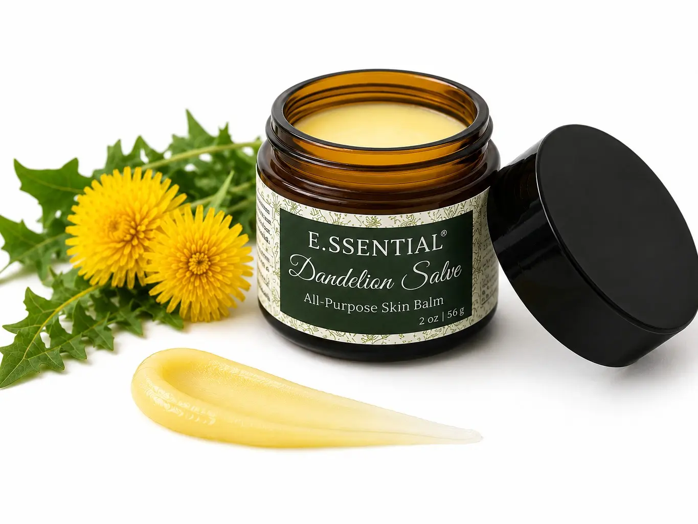 E.ssential Dandelion Salve, all-purpose balm for skin, with dandelion flower infused oils, shea butter, and beeswax - intensive relief for very dry skin, 2 oz