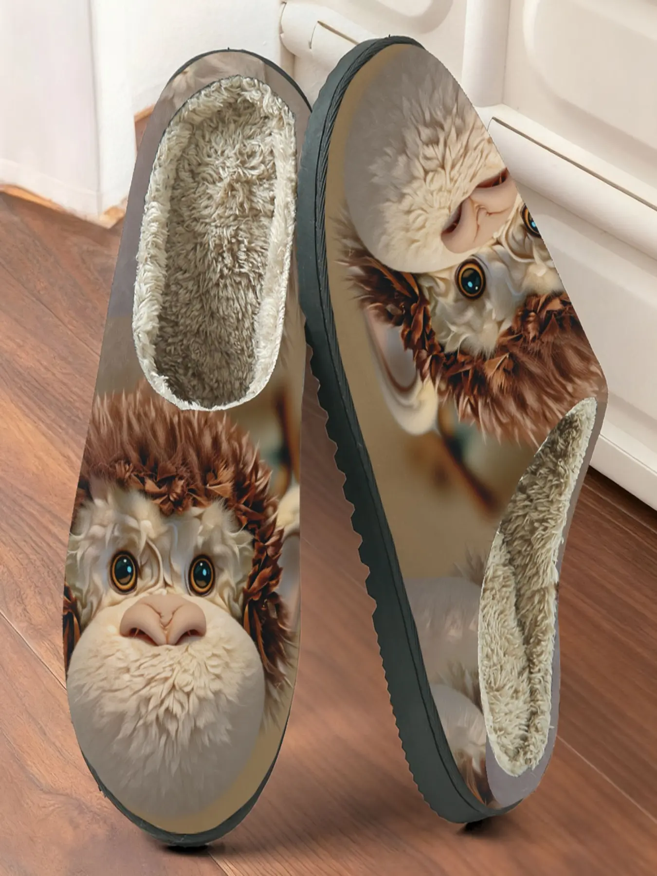 Cute Monkey Plush Slippers, Healing Monkey Print + Warm Fleece Anti-Slip Thick Sole Comfort, Casual Home Wear for Autumn Winter