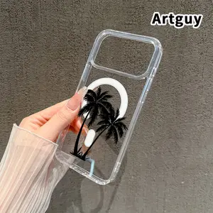 Tropical Silhouette Pattern Magnetic Phone Case for iPhone 17 16  Pro Max Plus 15 14 13 12 11 Air E Anti-Yellowing Shockproof Lightweight Transparent Acrylic Large Hole Soft Cover Supports Wireless Charging