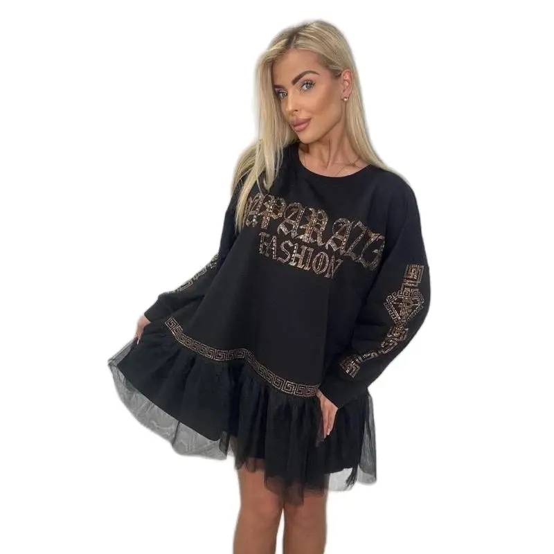 Glam Diamond Paparazzi Fashion Tulle Sweater Dress Black Gold Edition with Gold Accents and Tulle Overlay one size M-2Xl