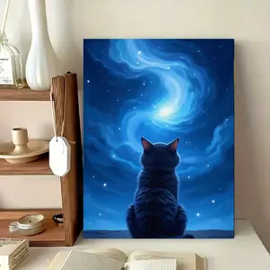 1 Piece DIY Cat and Night Sky Paint-by-Numbers Kit for Adults - 16x20 Inch Framed Canvas Set, Mysterious Cat Gazing at the Stars Painting Quality Materials Included |   DIY Art Supply Set