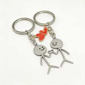 2Piece Heart Keychain Set with Cute Stickman Fireman Charms, Stainless Steel Alloy Matching Keyrings for Couples, Adorable Birthday Gift for Him&Her