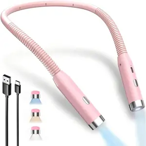 LED Neck Reading Light, 3-Color & 3-Brightness Adjustable Bendable Neck Light, USB Rechargeable Book Light for Reading in Bed, Knitting, Crochet, Camping, Working, Book Lovers Gifts (Pink)