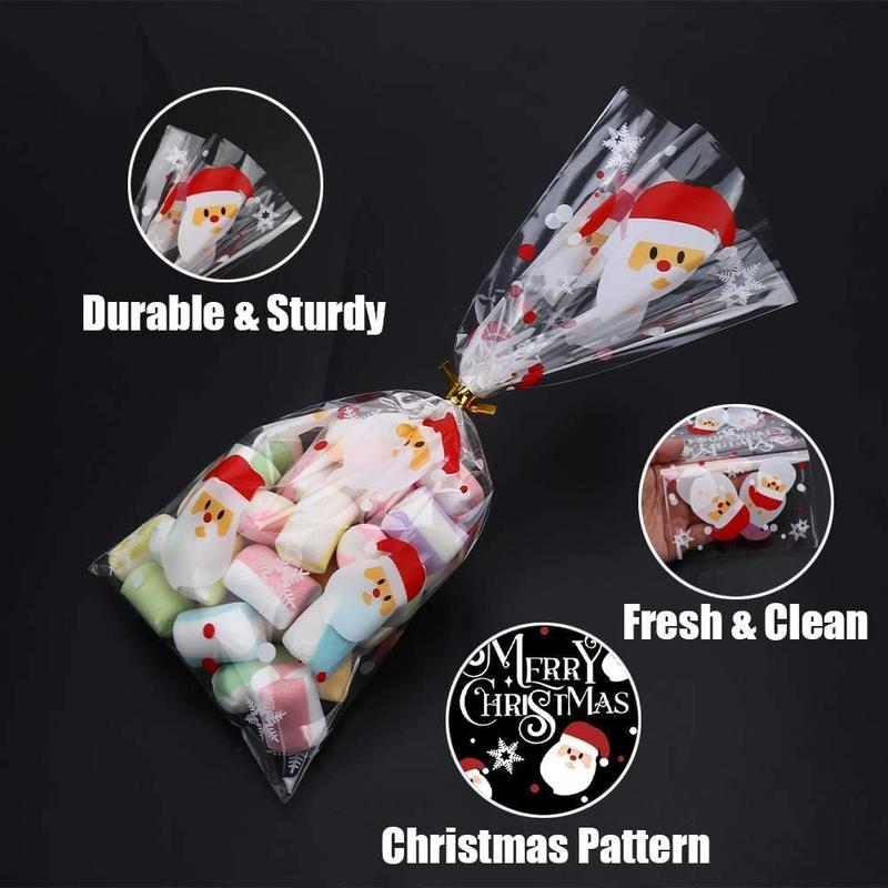 200 Pcs Christmas Cellophane Treat Bags, Xmas Clear Cello Gift Bags Candy Goodies Bags with Twist Ties for Christmas Party Supplies