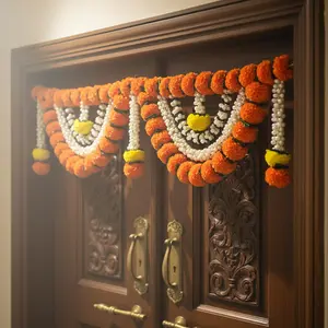 Store Indya Decorative Marigold & Pearl Toran for Traditional Orange Door Hanging Design