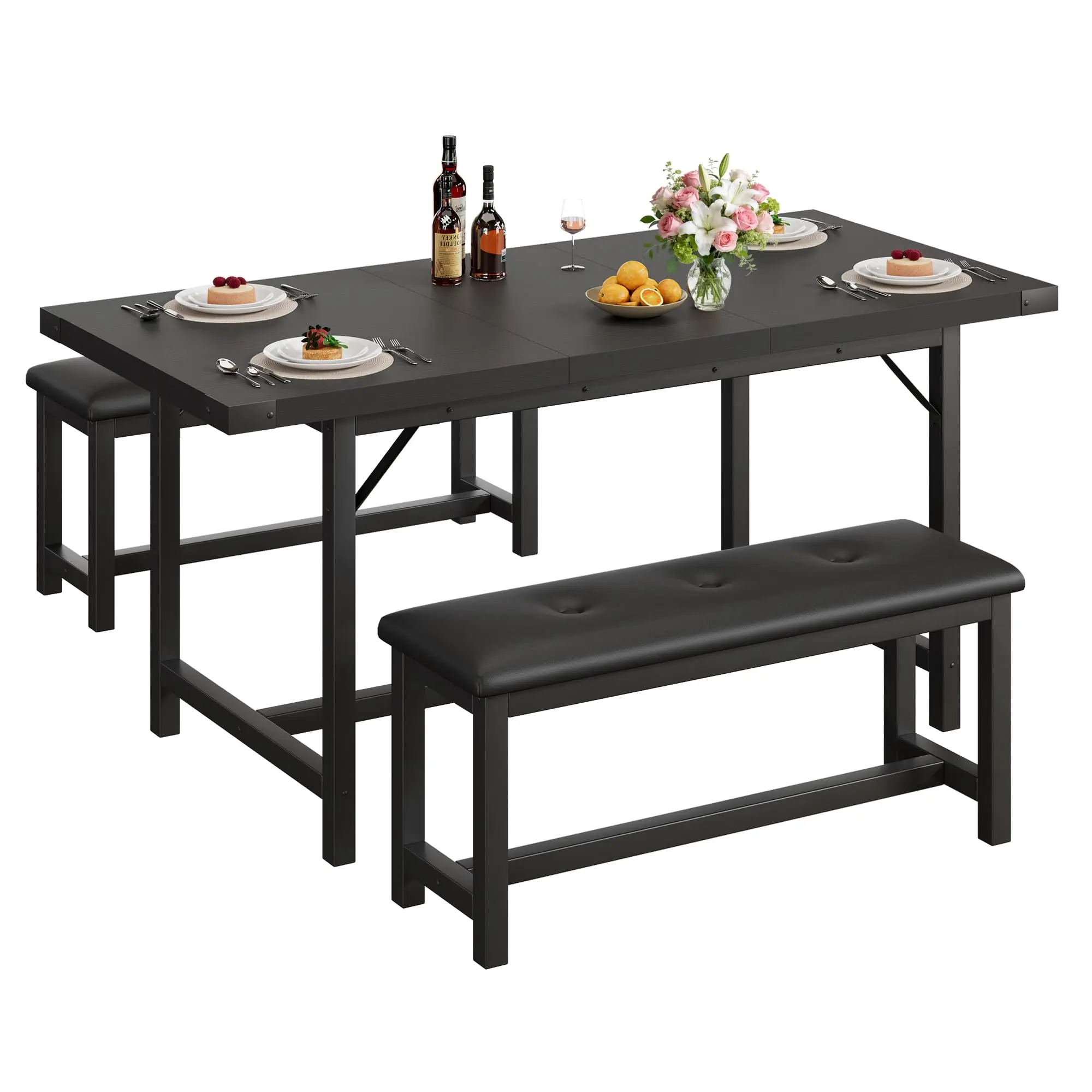 Garvee Dining Table Set for 4 to 6, Extendable Kitchen Table with 2 Padded Benches, Space Saving Dining Room Table for Small Spaces, Kitchen and Dining Room Table Set for 4, Black
