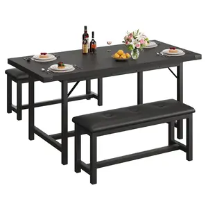 Garvee Dining Table Set for 4 to 6, Extendable Kitchen Table with 2 Padded Benches, Space Saving Dining Room Table for Small Spaces, Kitchen and Dining Room Table Set for 4, Black