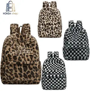 Cozy Brown Leopard & Checkerboard Print Backpack - Soft Plush Gentle-on-Skin Comfortable School Daypack with Front Pocket Convenience for Students