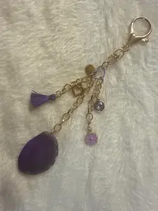 Agate Slice Charm Keychain with Purple Tassel and Beads Gold Accents Unique Design