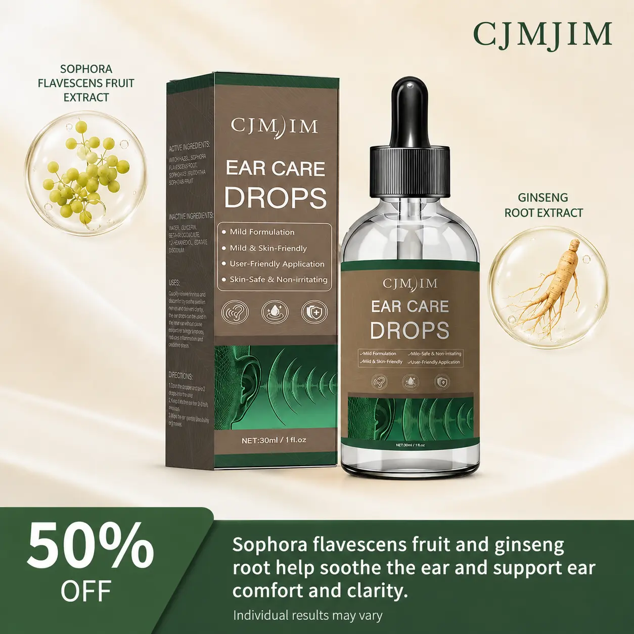 CJMJIM Tinnitus Relief Ear Drops 30ml, Earwax Removal and Ear Cleaning Drops, Helps Soothe Ear Ringing and Ear Discomfort, Daily Ear Hygiene Formula, Supports Healthy Ears, Gentle Ear Care for Adults