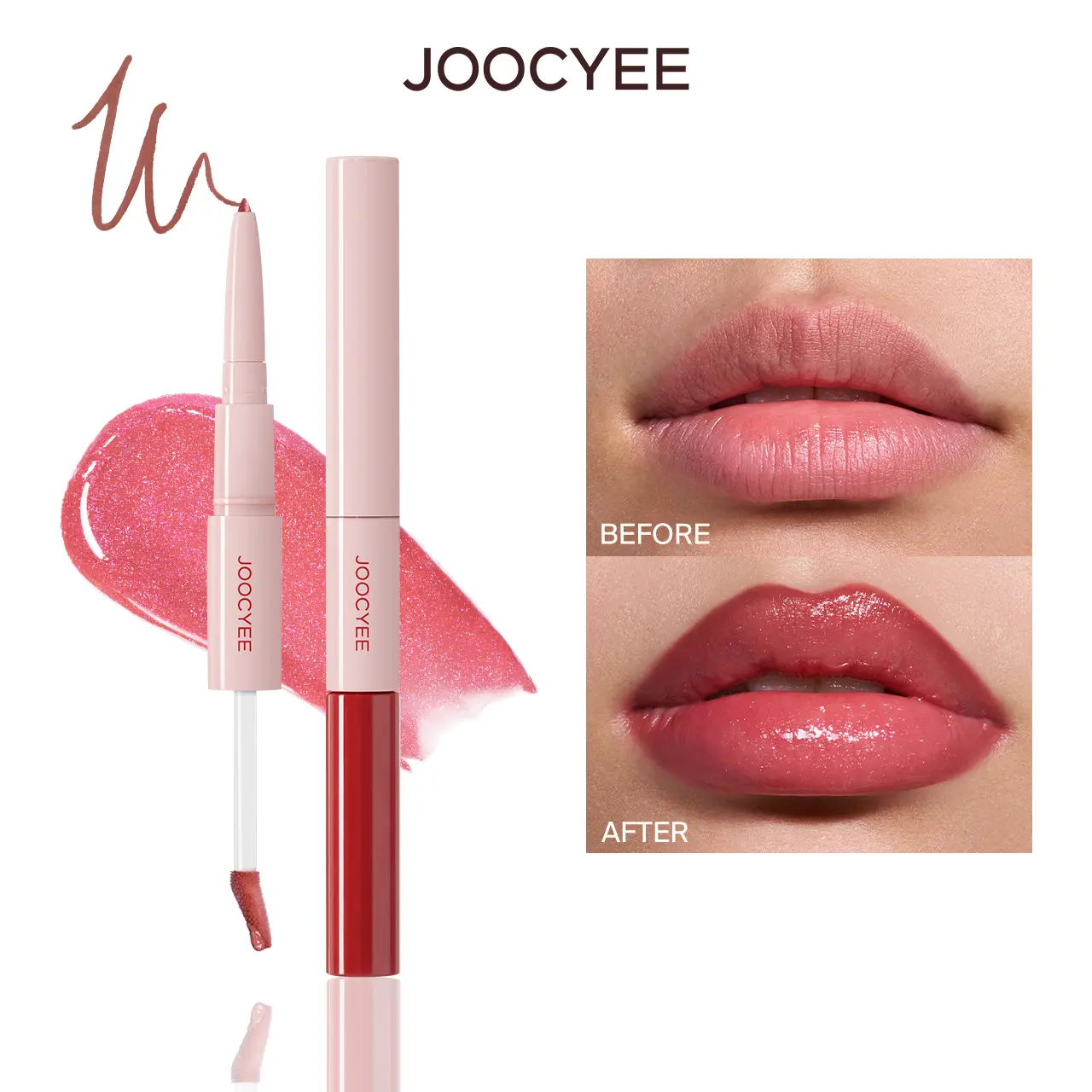 JOOCYEE Plump & Glossy Dual Lip Combo, Lip Liner and Gloss 2 in 1, Matte Lip Liner, Glossy Lip Gloss, Plumping & Long Lasting, Shimmer Finish, Non Sticky Lip Gloss, Daily Makeup, Travel Makeup, Refresh Look,Back to School