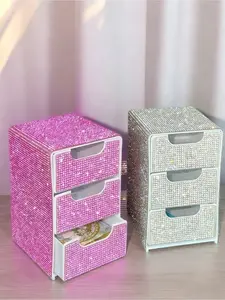 One three-layer small drawer luxury desktop storage box with full rhinestones, jewelry and cosmetics storage box, desktop organizer, room decoration, suitable for storing jewelry, cosmetics, and other small items