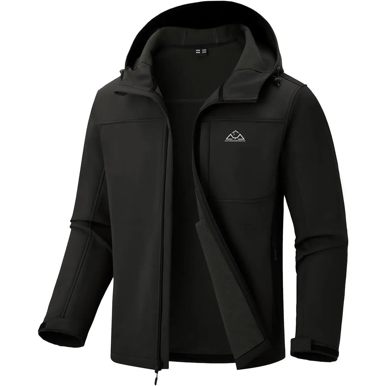 Men's Fleece-Lined Water-Resistant Hooded Softshell Jacket - Velcro Adjustable Cuffs, Drawstring, 1 Chest Pocket, Multiple Pockets, Small Deep Grey Snug Fit Windbreaker for Outdoor Hiking, Light Outdoor Activities