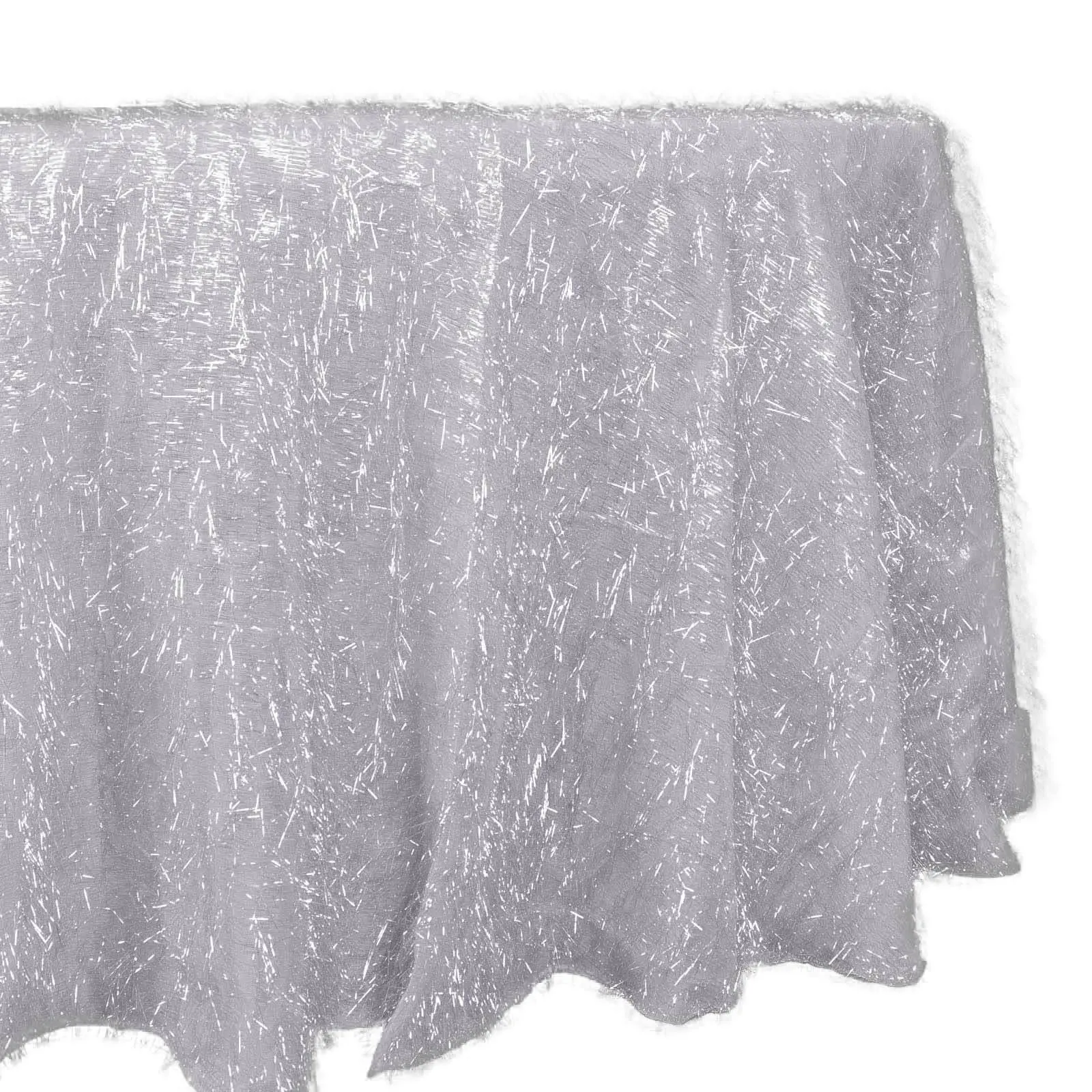 120" Round Polyester Silver Tablecloth with Metallic Fringe Shag Tinsel, Wedding Reception Decoration Table Cover for Festive Home & Party Supplies