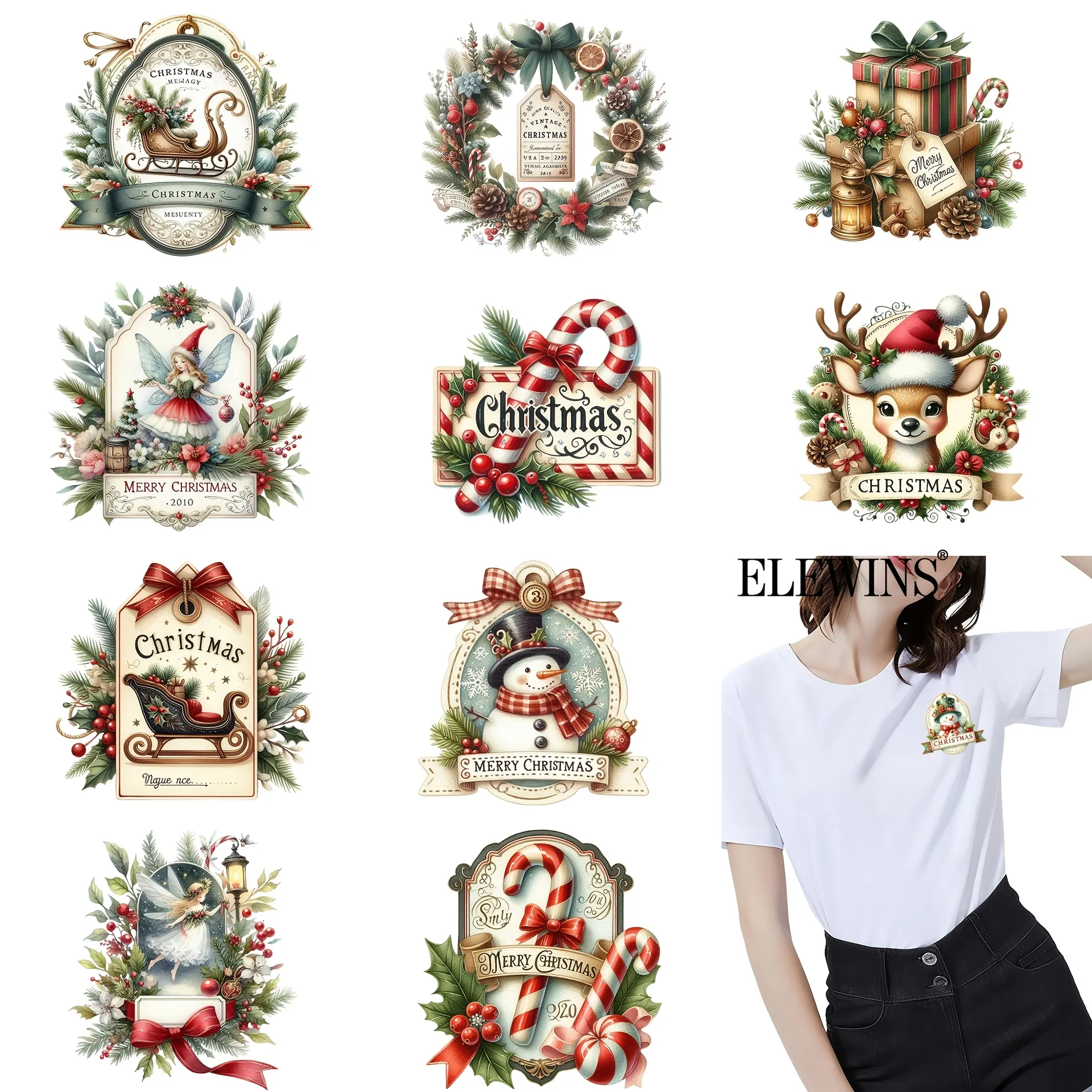 12 Vintage Christmas Labels with Heat Transfer Technology, Perfect for T-Shirts, Clothing, Bags, Pillowcases, and Decorations