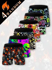 Men's Fun Briefs Set of 4, Skull Print, Elastic Polyester Fabric, Waistband Design, Quick-Dry Breathable Underwear, Casual Daily Wear