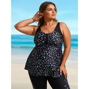 Women's Plus Size Black Dot   - Two-Piece Swimwear with Capri Leggings for Beach Pool Vacation set Flattering Tummy Control Racerback  with Boy Shorts - Ideal for Beach Days, Pool Parties & Family Vacations |   one swimsuit tankini swim sport bra