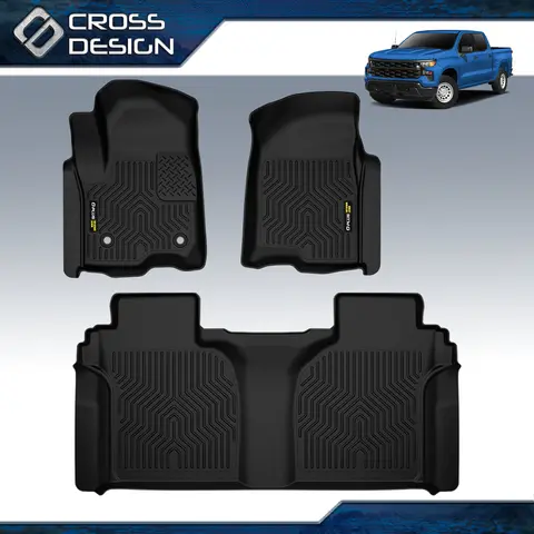 CROSSDESIGN Waterproof TPE Car Floor Mats - 3-Pc Crew Cab Fit Car Interior Accessory, Crease-Recovering, Easy to Clean for 2007-2025 Chevrolet Silverado/GMC Sierra 1500 2500 3500 Chevy Truck